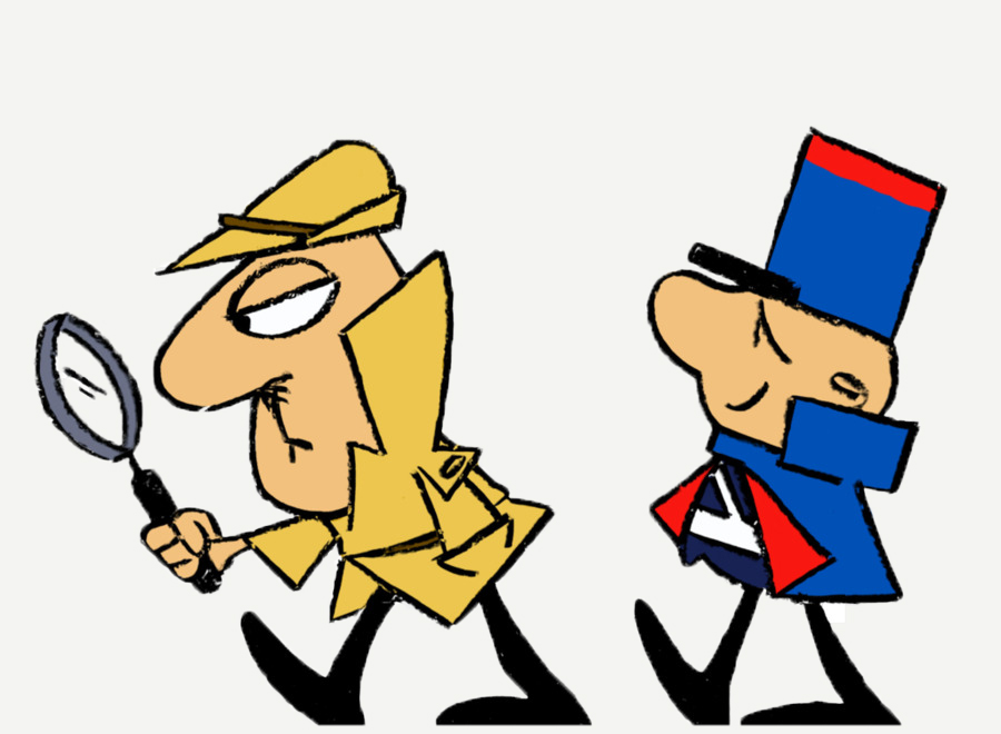 Karikatura detektiva sa lupom i policajca u plavoj uniformi