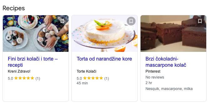 Carousel/Cards snippeti u formi recepata ili knjiga na SERP-u
