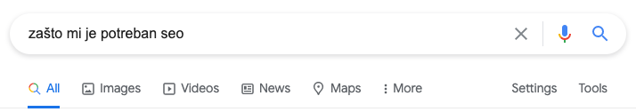 Informativno pretraživanje "zašto mi je potreban seo" u pretraživaču.