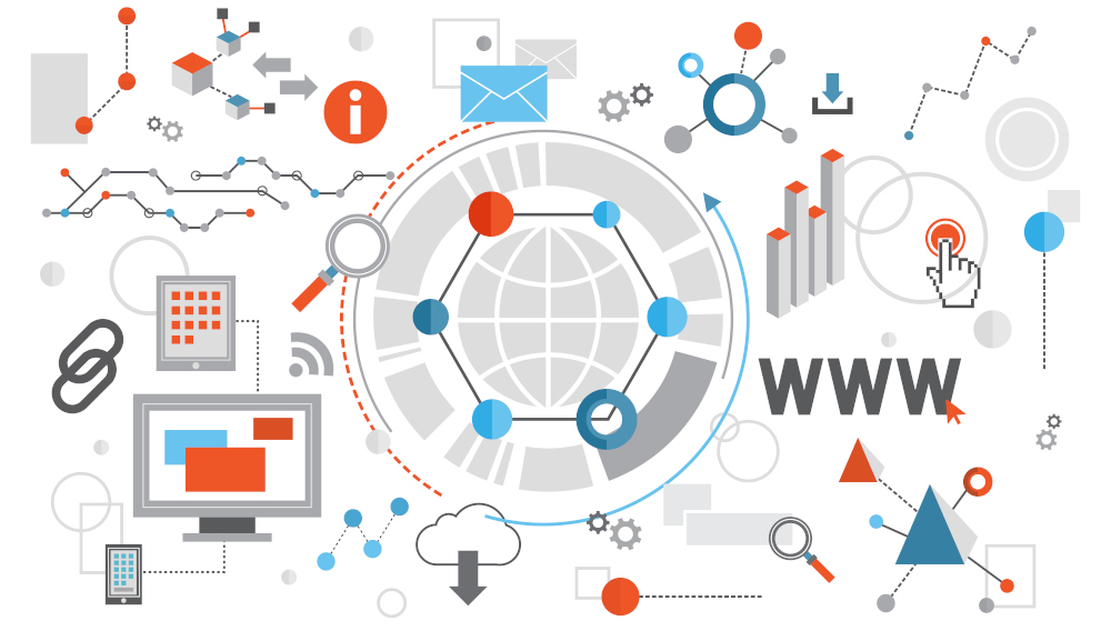 Ilustracija procesa SEO optimizacije sajta sa simbolima analize, linkova, pretrage i interneta.